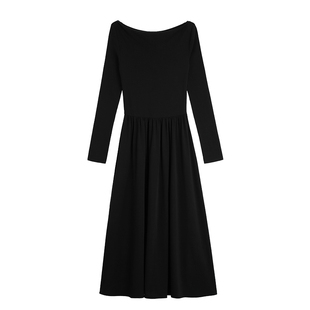 MULVAN 灰色一字肩针织连衣裙长袖秋季新款高级感气质露肩A字长裙