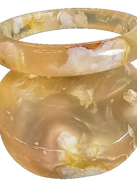 天然樱花玛瑙手镯女冰透水润粉花绿勾边成型花送礼闺蜜饰品