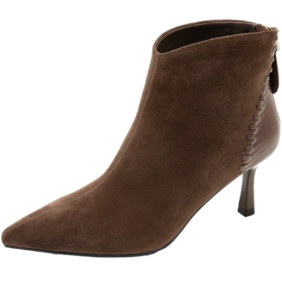 康莉羊皮尖头细跟短靴棕色靴子