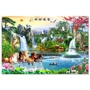 山水画自粘墙贴画客厅沙发背景墙装饰画流水生财墙壁画中堂画墙面