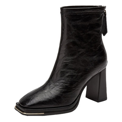 达芙妮粗跟短靴女金属方头