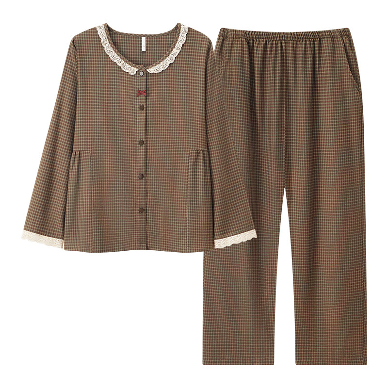 康汝雅春秋色织格纯棉布女家居服