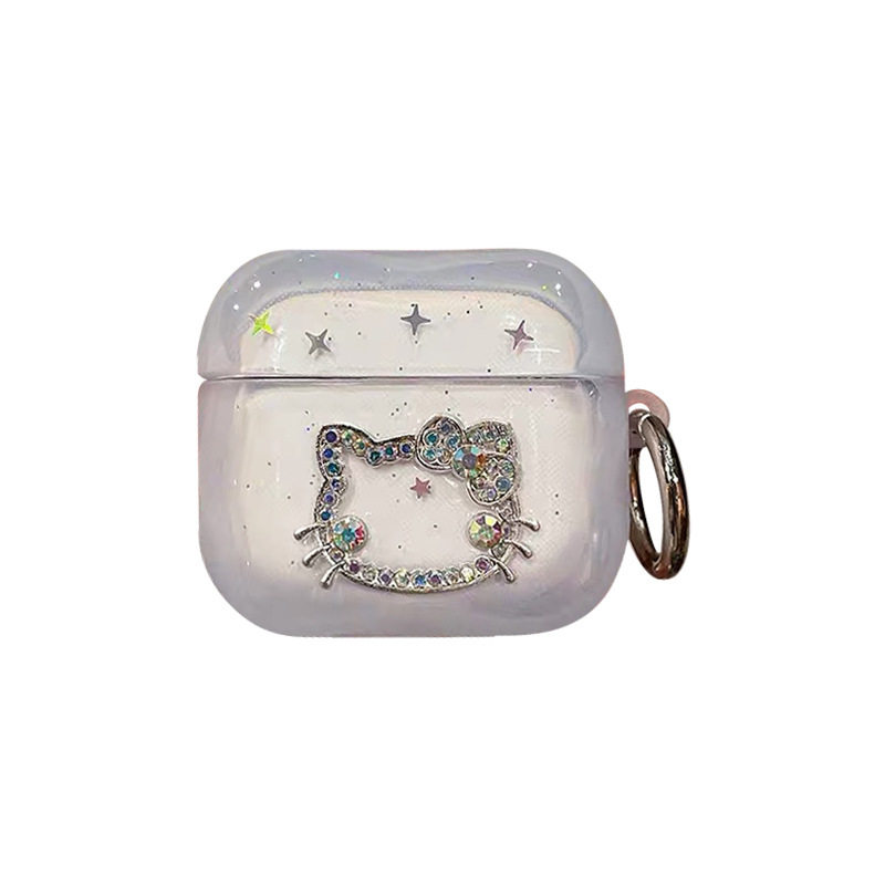 透明苹果蓝牙耳机套适用Airpods4代水钻KT猫挂扣Airpodspro3代少女保护壳Airpods1/2代卡通保护套闪粉星星