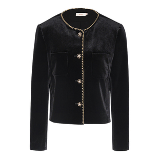 JESSIE小香风圆领丝绒短款外套女撞色镶边黑色套装2025年秋冬新款