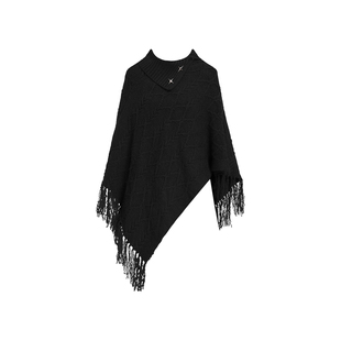 VOCK 古早辣妹 暗黑色不规则设计感针织披肩斗篷高领毛衣秋冬外套