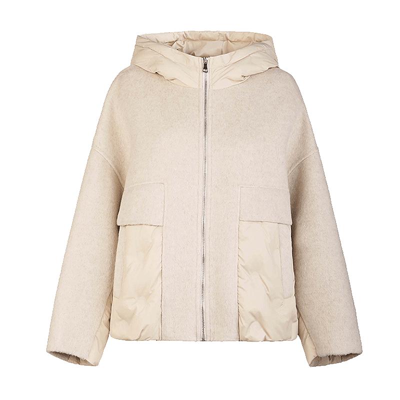 sdeer圣迪奥女装25年新品高领连帽毛呢拼接短款羽绒服S254Z3106
