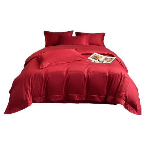 简约高级结婚铺床上用品100支长绒棉纯棉红色床单婚庆纯色四件套4