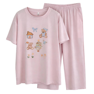 七分裤短袖睡衣女款夏季纯棉薄款2026新款甜美可爱卡通家居服套装