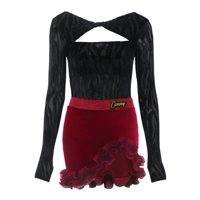 CONNY康尼拉丁舞服女儿童舞蹈练功服包臀短裙网纱上衣表演出套装