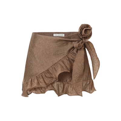 CNLEEWEI26春新款女士荷叶边可拆卸花朵豹纹提花围裹式短半裙