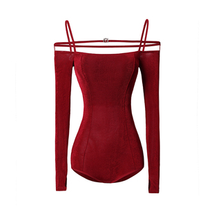 美辰[酒红暮光]拉丁舞服上衣成人长袖冬连体衣练功舞蹈服女一字肩