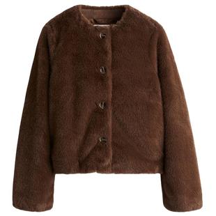 HM女装短外套冬季圆领仿皮草毛绒保暖法式开衫1305848