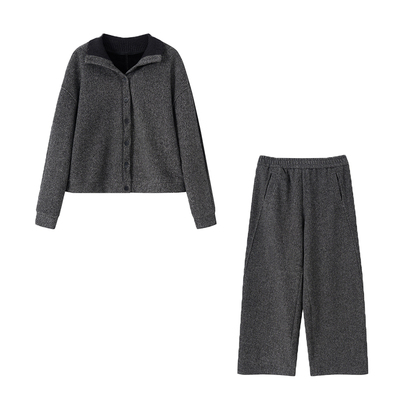 针织拼接立领开衫阔腿裤两件套