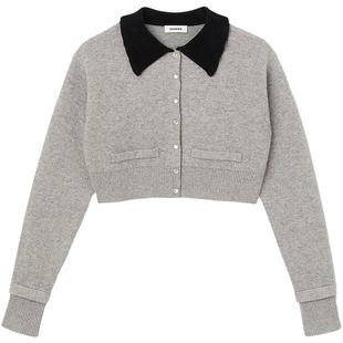 线上限定SANDRO秋冬女装法式气质格雷系灰色撞色花边翻领针织开衫