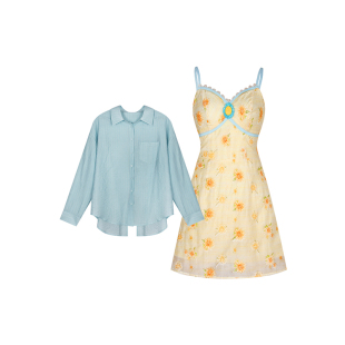 安妮不火盛夏葵野清新甜美绣花吊带短裙女夏季微胖大码度假风衬衫