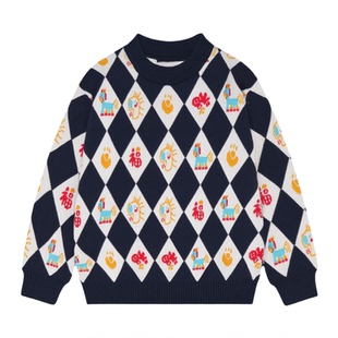 EBAER儿童新年毛衣2026冬季新款男女童纯棉马年拜年服针织衫保暖