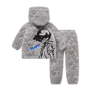 冬季三层夹棉亲子装睡衣一家三口儿童大童母女父子卡通柯南家居服