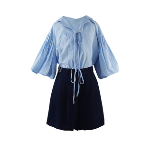 八盖pinky piggy 都柏林高校 蓝白条纹气质上衣女显瘦短裤套装