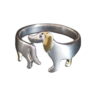 腊肠小狗 艺术独特个性小动物可爱趣味女款开口可调节铜镀银戒指