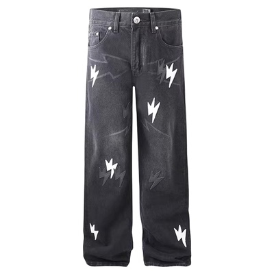 【暗夜版】Amexnocap闪电牛直筒黑白贴皮高盎司做旧洗水黑牛仔裤