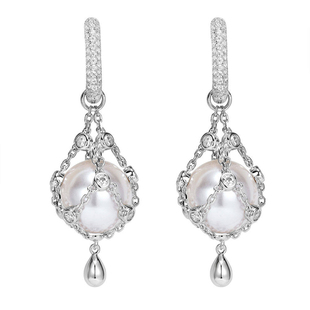 新款银色网兜耳环女士清透白水晶珍珠项链细闪耳扣气质方圆脸耳饰