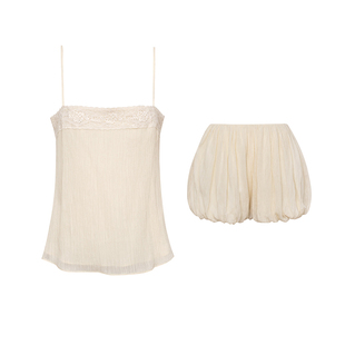 TOP家 闲适氛围 法式复古假日风压褶肌理蕾丝吊带背心/花苞短裤