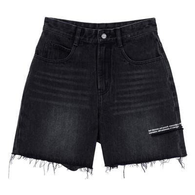 MSLAN高腰毛边牛仔短裤