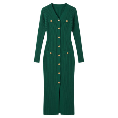 高级感单排扣长款针织连衣裙