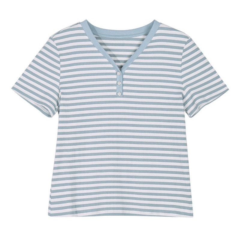 夏季条纹V领修身显瘦女T恤