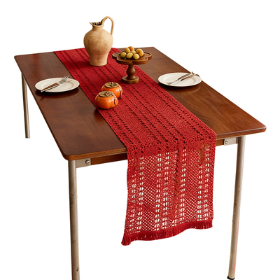 2025新年红色桌旗棉麻打结镂空流苏餐桌装饰餐桌茶几鞋柜装饰桌巾