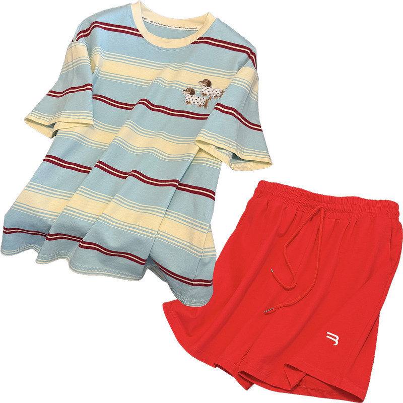 夏家居服条纹短袖红色短裤套装女
