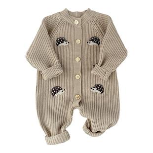 婴儿秋冬装连体衣服男宝宝卡通刺猬针织哈衣女童加厚毛衣外穿爬服