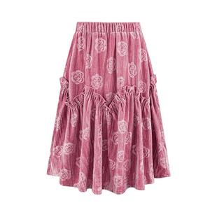 LittleNaive半裙女童冬季法式丝绒红色圣诞半裙儿童甜美压花裙子