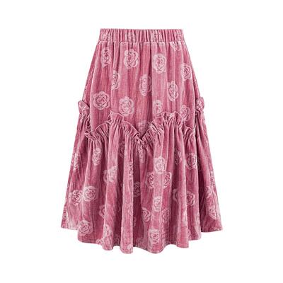 LittleNaive半裙女童冬季法式丝绒红色节日半裙儿童甜美压花裙子