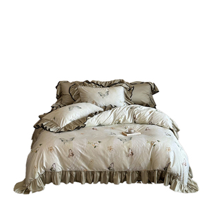 Girlish|法式复古风全棉贡缎高支四件套纯棉蝴蝶印花被套床上用品