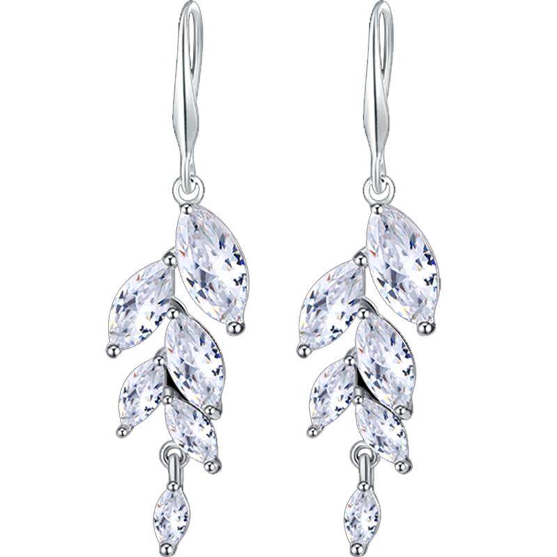 s925纯银长款柳叶耳环女日韩国气质时尚简约耳坠个性百搭锆石耳钉
