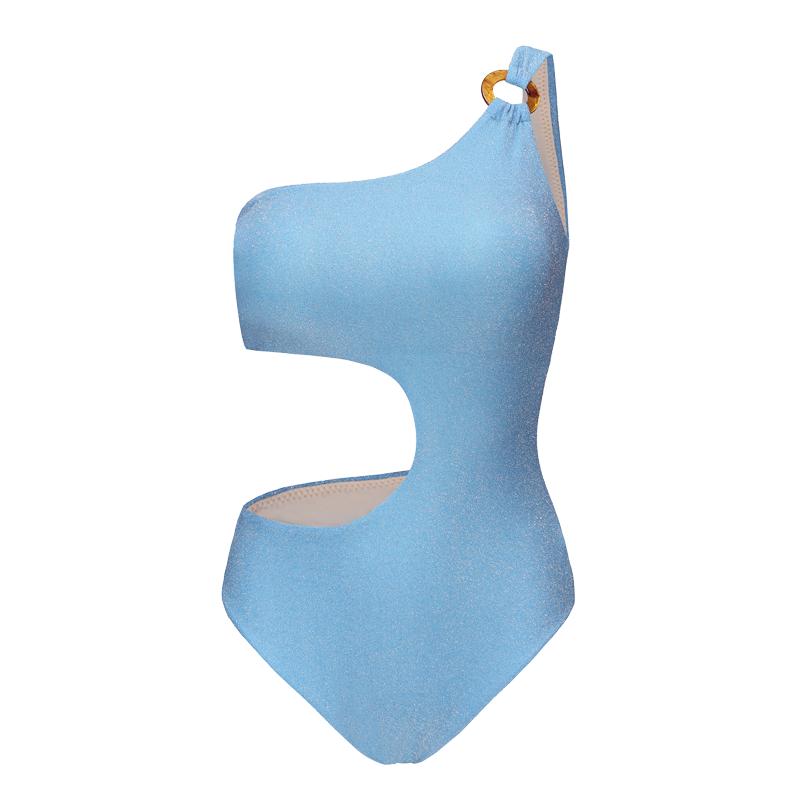 PRIDONNA时尚系列女士连体泳衣单肩显瘦性感修身波光蓝光感面料