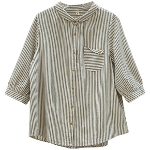 谷家 棉麻条纹衬衫女中袖春夏季新款 文艺休闲宽松五分袖女装上衣