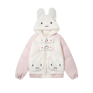 文文不乖原创甜美可爱卡通动物连帽棉服女冬季毛茸茸保暖宽松外套