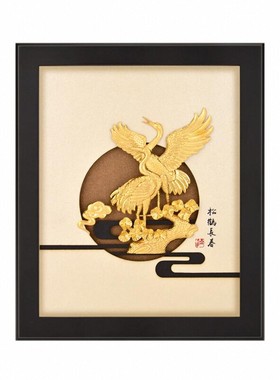 松鹤金箔画送老人长辈贺寿礼物