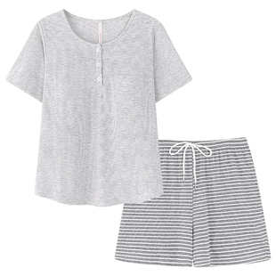 韩版ins条纹带胸垫睡衣女夏季莫代尔薄款短袖可外穿家居服夏套装