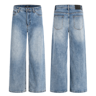 BurnBro美式复古水洗蓝vintag牛仔裤男宽松阔腿cleanfit休闲长裤