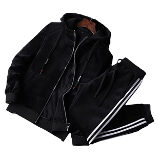 金丝绒套装男加绒加厚秋冬季保暖外套长裤卫衣天鹅绒运动服两件套