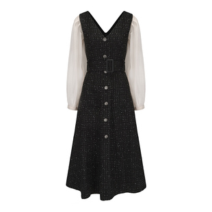 AtelierMissLu【巴塞罗那之旅】2024秋冬复古花呢纱袖拼接连衣裙