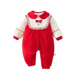 婴儿拜年服冬季加厚连体衣女宝百天周岁礼服纯棉宝宝喜庆新年衣服