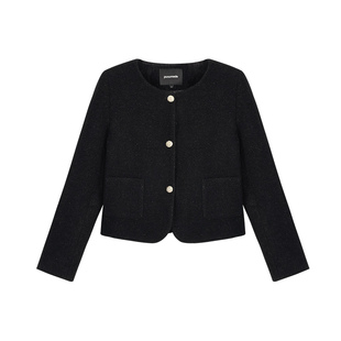 pusumede 黑色羊毛小香风外套女气质高级感优雅名媛短款开衫上衣