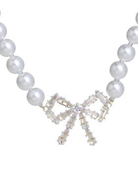 showdigu珍珠蝴蝶结项链