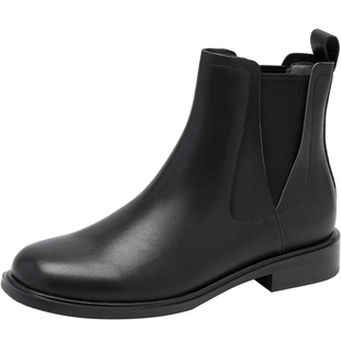 沙驰女鞋时尚粗跟真皮短靴2024年冬季新款小V松紧带切尔西靴显瘦