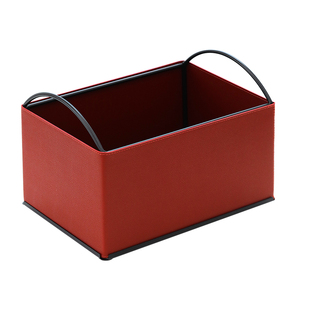 轻奢红色皮质大容量托盘 中式铁艺收纳篮 桌面高颜值收纳盒多功能