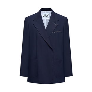 LILY2026春新款女装复古经典驳领休闲气质职业通勤藏青色西装外套